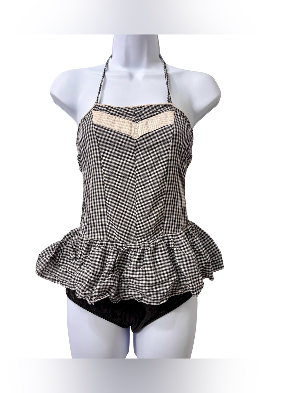 Vintage 50’s Union Made in the USA Black White Gingham Peplum Skirted Swimsuit M